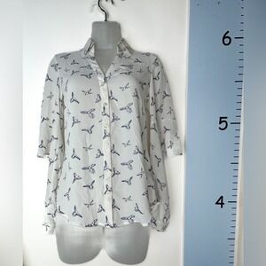Express Portofino White w/Birds Bell Slit Sleeve Blouse Women's Slim XXS/TTP‎